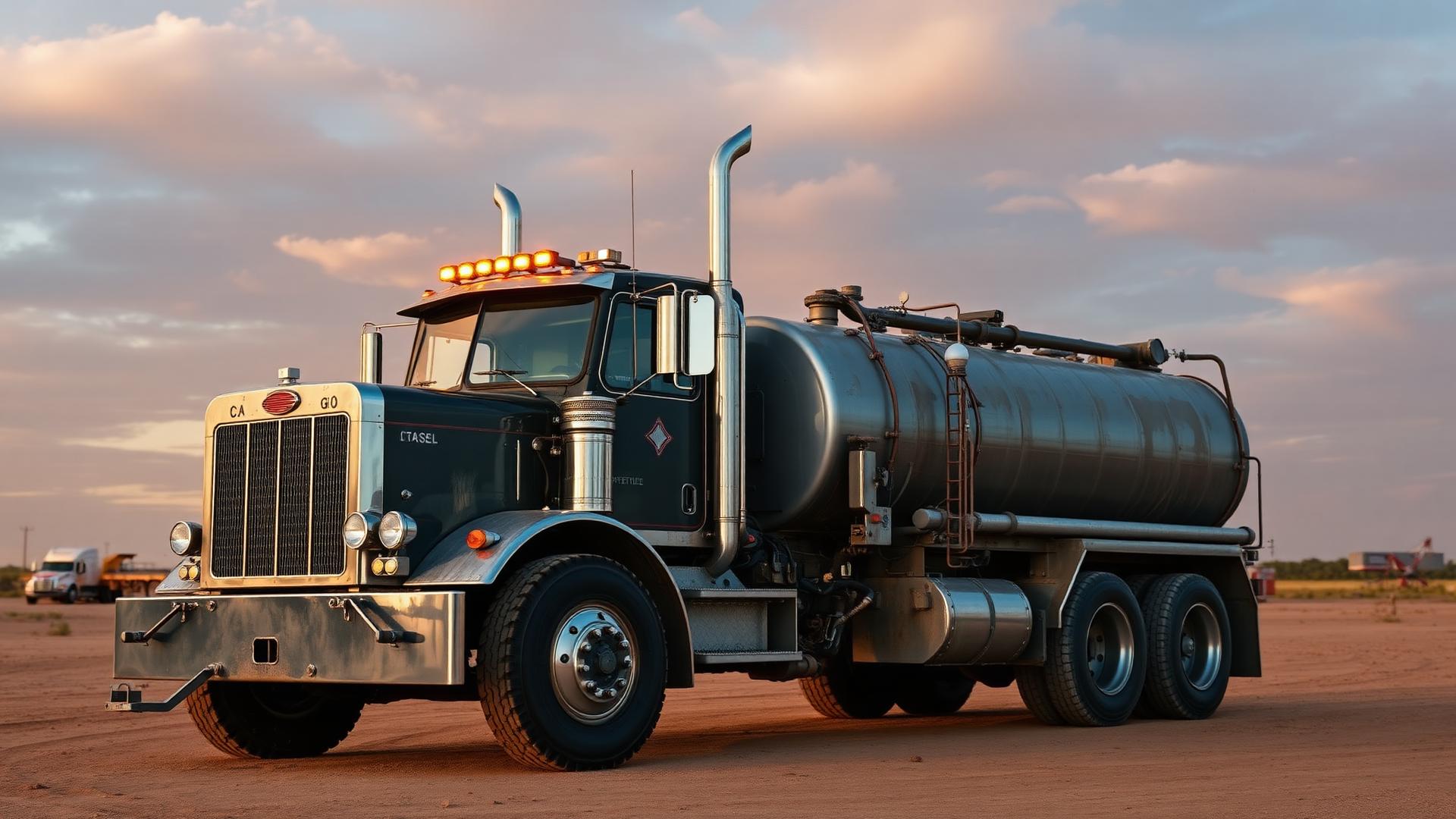 Rebuilt Peterbilt water truck on a West Texas oilfield lot
